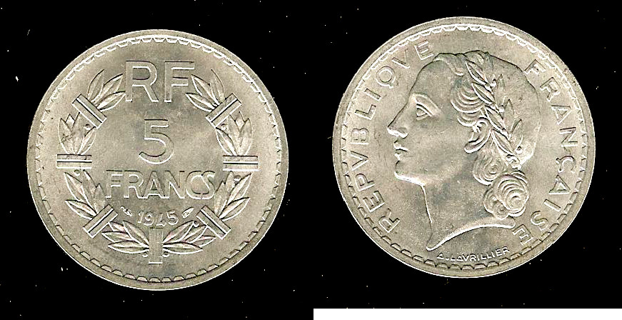 5 francs Lavrillier, aluminium 1945 SPL